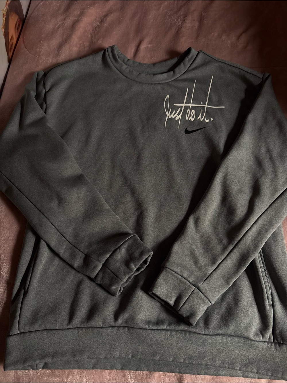 Nike Men's Olive Green Crewneck Sweatshirt with 'Just Do It.' Script